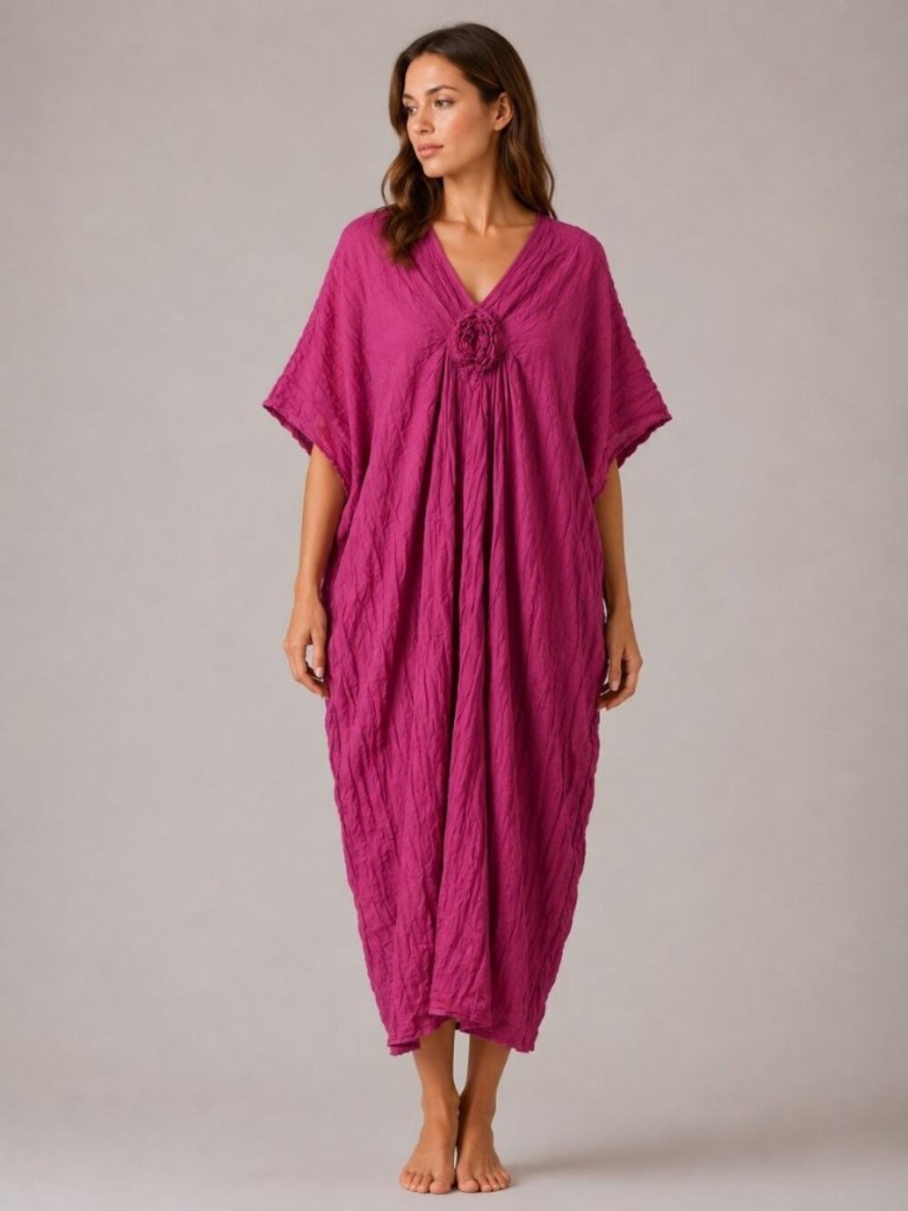 NEW Boho Cotton Kaftan Dress Pink One Size Oversized Crinkle Medallion Thailand